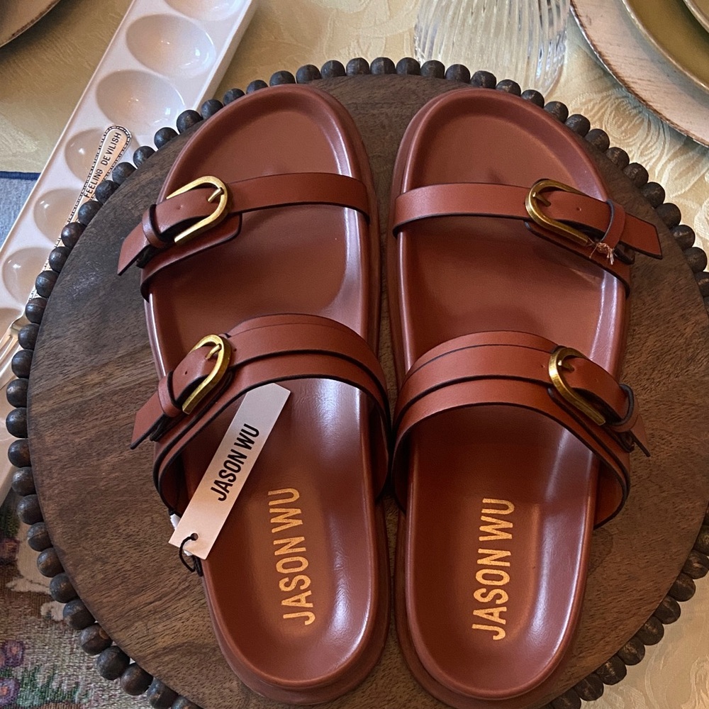 Jason Wu Rhonda Double Gold Buckle Slide Sandals - Picture 4 of 6